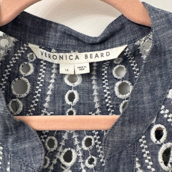 Veronica Beard Ariana Mini Dress Chambray Eyelet Embroidery Sz 14 - Picture 7 of 9